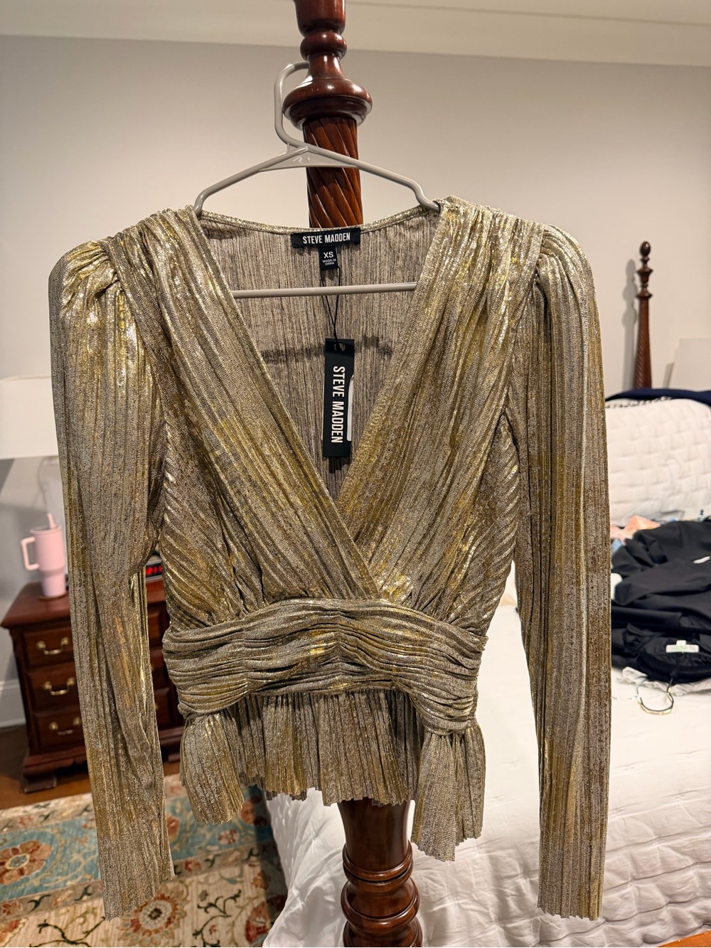 Steve Madden Metallic Gold Pleated Wrap Blouse